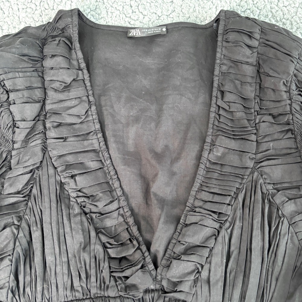Zara Blouse Medium Black Ruched Deep V-Neck Balletcore Babydoll Cottage Chic - Picture 4 of 8
